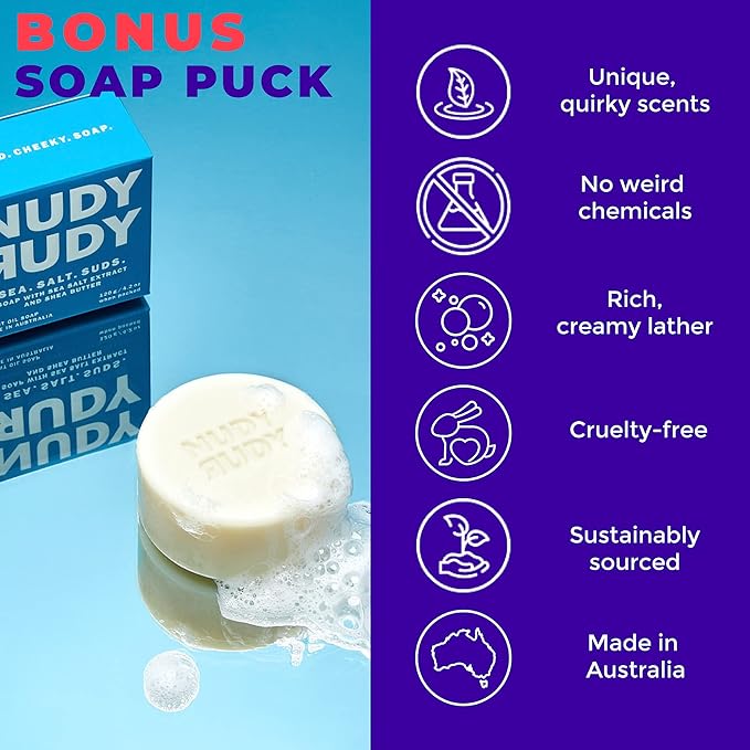 Nudy Rudy Sea Salt Suds 2 Pack, Liquid Body Wash Bundle with Bonus Soap Bar, Aloe Vera and Vitamin E, Moisturizing Shower Gel and Hand Soap for Men and Women 16.9 fl oz and 4.2 oz