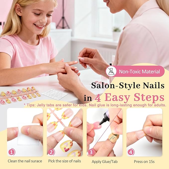 16 Sizes Press on Nails Kit for Kids - 32 Pieces French Almond Fake Nail Tips for Girls 8-12 Years Old with Jelly Nail Adhesives & No-Lamp Nail Glue, Birthday Christmas Gifts (Happy Smile)
