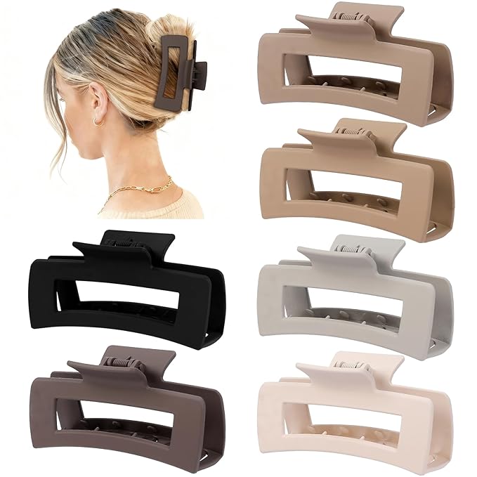 4 Inch Big Hair Claw Clips 6 Pcs Large Claw for Thick Hair Square Hair Clips for Women Rectangle Hair Clips Nonslip Acrylic Banana Jaw Clips Hair Accessories for Girls (Regular)