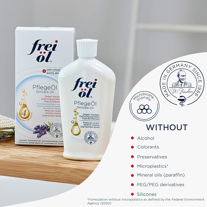 frei öl skincare oil – fast absorbing, nourishes skin soft and smooths – excellent as body oil for stretch marks removal and vitamin e oil for scars, microbiome-friendly and vegan, 125 ml / 4.23 Fl Oz
