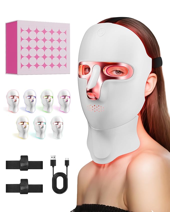 FOLOKE LED Light Therapy Mask Skin Care Mask, LED face & neck Red 630±5nm & NIR 830nm Wavelength,USB C Rechargeable for Home Use Working Travel Yoga (Sakura Pink