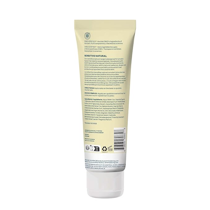 ATTITUDE Body Lotion for Sensitive Skin with Oat, EWG Verified, Dermatologically Tested, Vegan, Vanilla Cream Scent, 8 Fl Oz