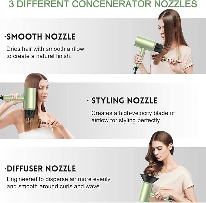 slopehill Professional Ionic Hair Dryer, Powerful 1800W Fast Drying Low Noise Blow Dryer with 2 Concentrator Nozzle 1 Diffuser Attachments for Home Salon Travel (Lime Cream)