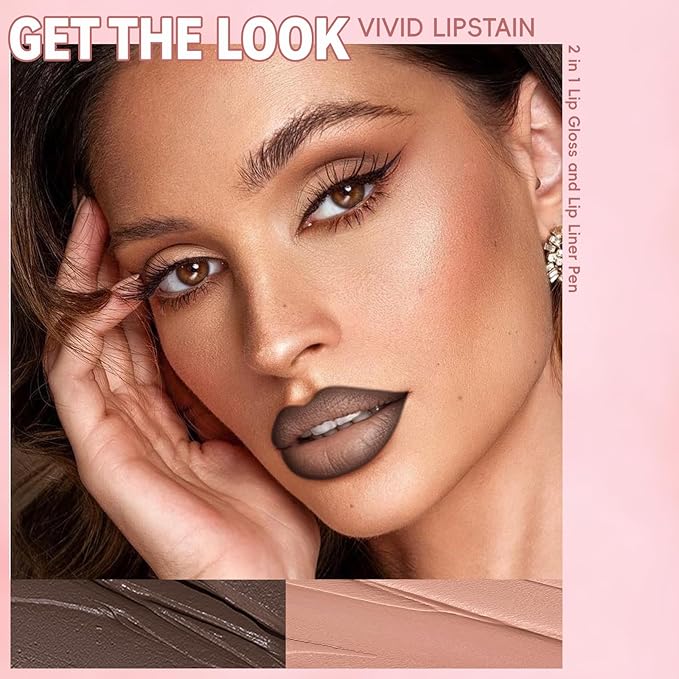Lip Liner Gloss Lip Combo Set, 2 in 1 Lip Duo Dark Brown Lip Liner Lipstick Matte Velvet Nude Brown Gloss Lip Kit, Smooth Quick Fuller Plumping Lip Makeup for Women01#Matte Brown