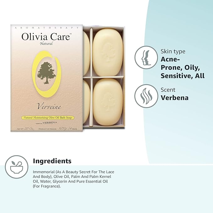 Olivia Care Bath & Body Bar Verbena Soap 4 Pack Gift Box Organic, Vegan & Natural Contains Olive Oil Repairs, Hydrates, Moisturizes & Deep Cleans Good for Sensitive Dry Skin Made in USA