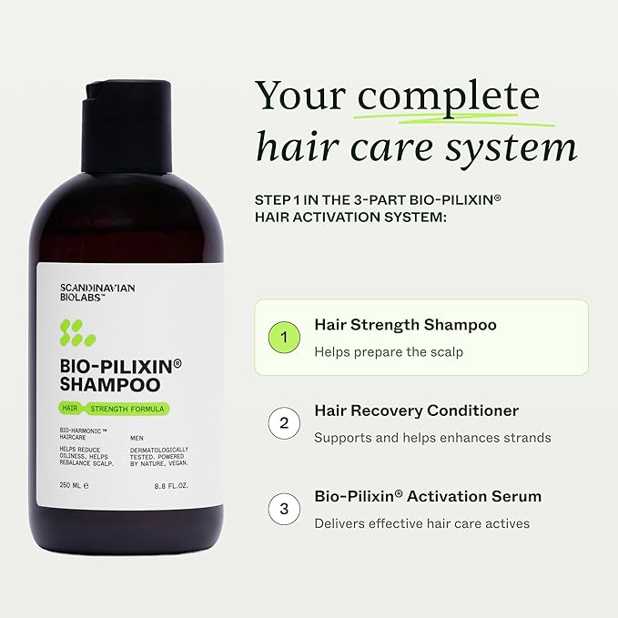 Scandinavian Biolabs Bio-Pilixin® Shampoo For Men | Strengthens Hair, Helps Greasiness, Balances Scalp, Eucalyptus Aroma, Dermatologically Tested, Made in Denmark, 250 mL/ 8.8 Oz
