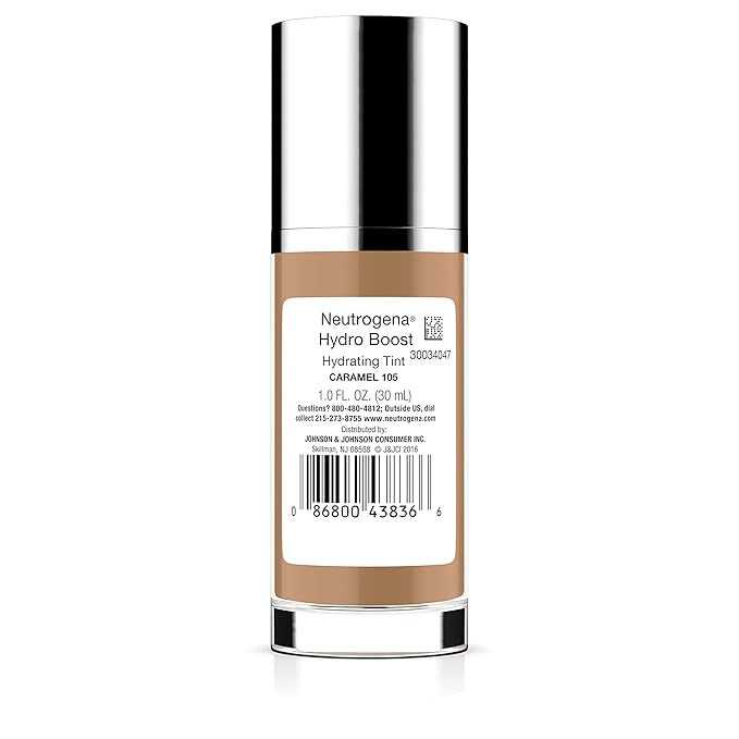 Neutrogena Hydro Boost Hydrating Tint with Hyaluronic Acid, Lightweight Water Gel Formula, Moisturizing, Oil-Free & Non-Comedogenic Liquid Foundation Makeup, 105 Caramel Color 1.0 fl. oz (Pack of 2)