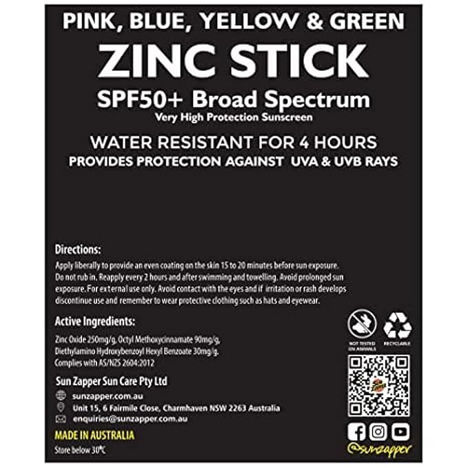 Sun Zapper Zinc Oxide Sunscreen Stick – SPF 50+ Tinted 4-Pack (Pink, Blue, Green, Yellow) – Sunscreen Stick, Zinc Sunscreen, Water Resistant, Broad Spectrum UVA/UVB, Made in Australia