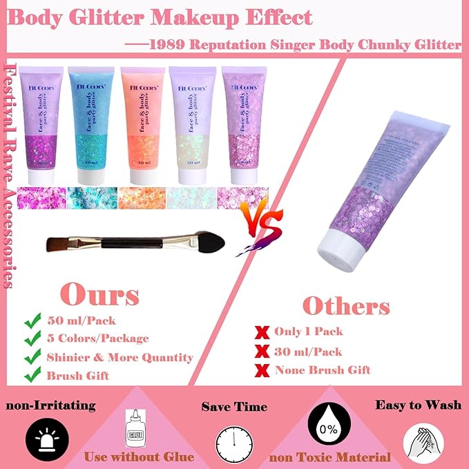 Body Glitter Face Glitter Gel: Singer Concerts Disco Festival Rave Accessories Face Glitter Makeup Chunky Sequins Mermaid Face Body Hair Glitter Gel (White&Pink&Rose&Lake Blue&Orange)