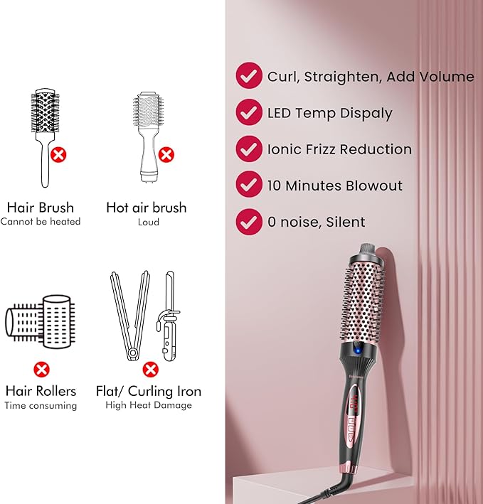 Betahouse Thermal Brush Curling Iron Brushes, 1.5 Inch Heated Round Styling for Blowout, Fast Heating Negative Ion Curling Brushes with 5 Temp Settings, Dual Voltage Hair Styling Tool