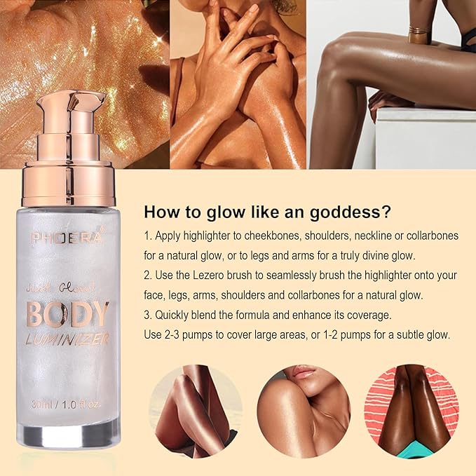Body Shimmer Oil, Diamond Platinum Natural Glow Luminizer, Long Lasting Waterproof Moisturizing Liquid Illuminator Highlighter Makeup for a Sun-Kissed Glow, Brush Include, 1oz, Light Fair