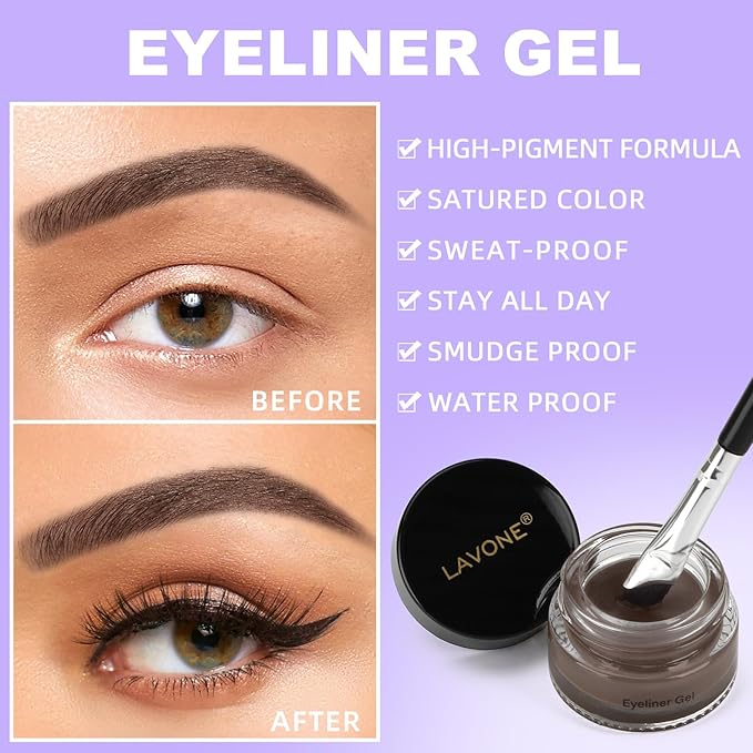 LAVONE Eyeliner Set - Waterproof Makeup Kit with Liquid Eye Liner Pencil, Gel Eyeliner and Angled Eye Liner Brush, Waterproof, Smudge Resistant, Long Lasting Formula - Black Brown