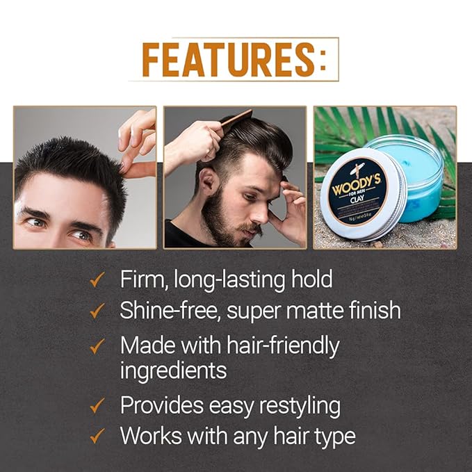 Woody's Premium Hair Clay for Men – Matte Finish, Pomade for Men Stronghold, Texturizing & Sculpting Hair Styling Clay, Flexible Control, 3.4 oz