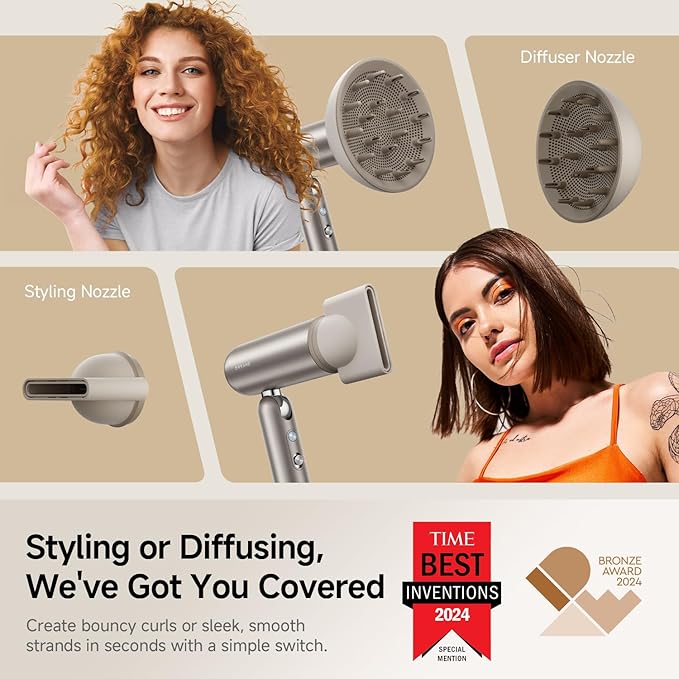 Dreame Pocket Pro Hair Dryer, Dual Voltage Travel Blow Dryer with Diffuser, 1300W Professional HighSpeed Ionic Hair Blower, Fast Drying, Low Noise, Lightweight, No Heat Damage, Global Travel 120V/240V