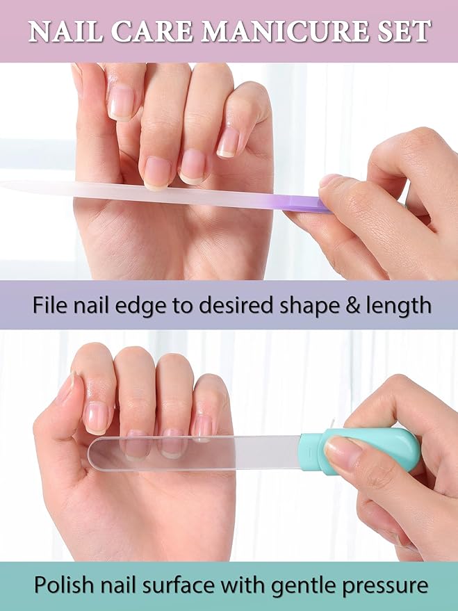 Glass Nail File and Buffer with Case, Crystal Fingernail Files for Natural Nails Care Glass Nail Shiner Nano Polisher for Travel Home Salon Nail Filer Stocking Stuffers for Women Girl Wife Gifts- Cyan