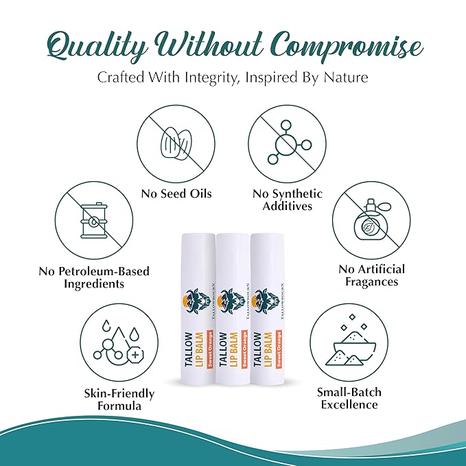Moisturizing Tallow Lip Balm – Grass-Fed Beef Tallow with Organic Coconut Oil, Beeswax, and Vitamin E – Sweet Orange – Lip Balm Set – Travel Essential – 3-Pack