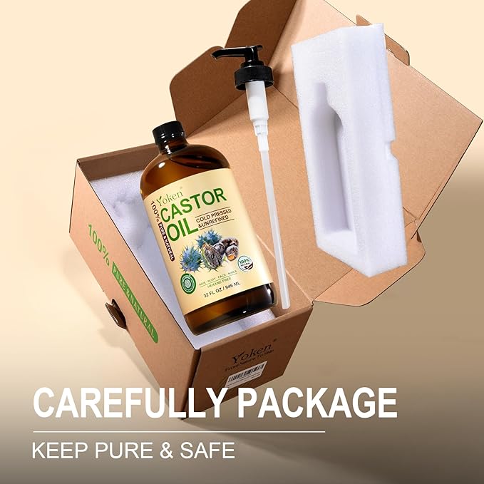 EWG Verified Castor Oil Glass Bottle 32 fl oz (with Pump) 100% Pure Castor Oil for Skin Face Hair, Cold Press, Hexane Free, Unrefined Caster oil for Pack Wrap Deep Nourish Body