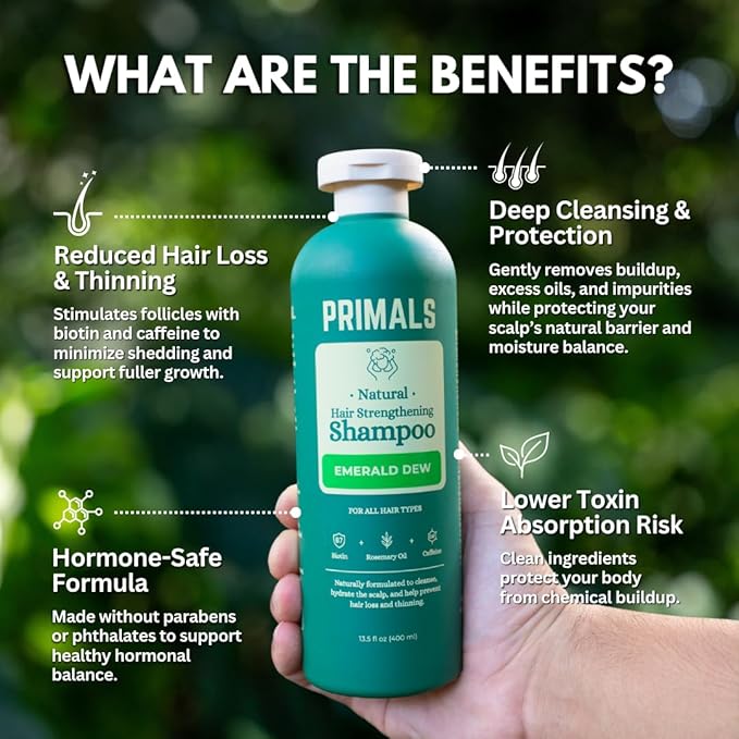 PRIMALS Hair Strengthening Shampoo - Caffiene, Biotin, Raw Honey, Rosemary Oil - Anti Hair Thinning - Natural Ingredients - Zero Artificial Fragrances, Sulfates, Parabens, or Dyes - 13.5 Fl Oz