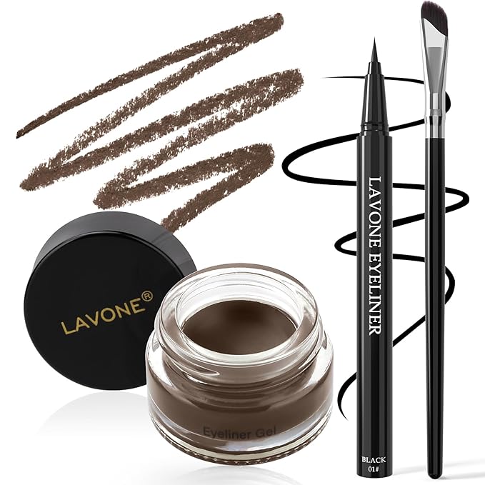 LAVONE Eyeliner Set - Waterproof Makeup Kit with Liquid Eye Liner Pencil, Gel Eyeliner and Angled Eye Liner Brush, Waterproof, Smudge Resistant, Long Lasting Formula - Ebony