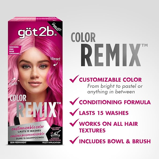 got2b Color Remix Semi-Permanent Hair Color, Shocking Pink 093, Customizable Temporary Hair Dye to Create A Vibrant or Pastel Shade, Easy At-Home Application, Lasts Up to 15 Washes