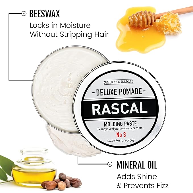 Original Rascal Deluxe Pomade for Men #3 - Matte Molding Hair Paste with Medium Hold & High Shine - Men's Styling Care Solution Product for All Hair Types - Natural Infused with Beeswax & Mineral Oil