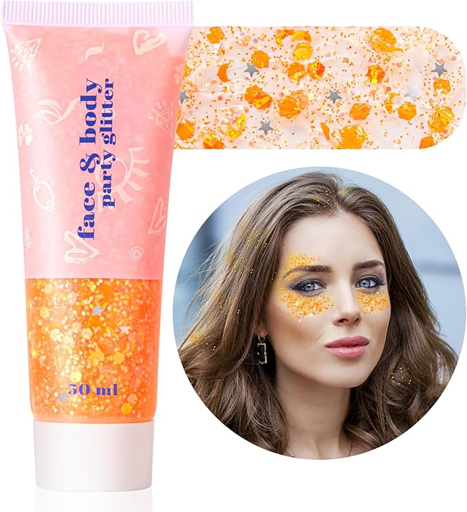 MEICOLY Orange Face Body Glitter,Sparkling Hair Face Glitter Gel,Mermaid Sequins Face Paint Glitter Autumn Makeup,Halloween Festival Rave Accessories Makeup,Party Body Glitter Gel for Women Kids,50ml