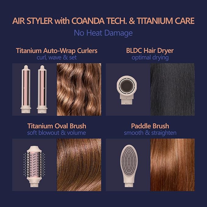 Hair Dryer Brush Titanium Hair Multi-Stylers - MIRACOMB Ionic Hot Air Styling System with Auto-Wrap Curlers,Powerful Brow Dryer Brush,Paddle Brush - Fast Drying Curling Straightening on All Hair
