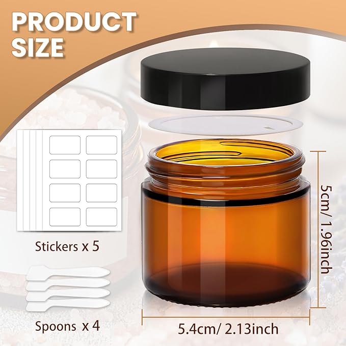 2oz Amber Glass Jars with Lids - 40 Pack Brown Small Cosmetic Containers with Inner Liners, Wide-Round Smooth Mouth, Sealable for Creams, Lotions, Essential Oils, Body Butter, Travel Samples