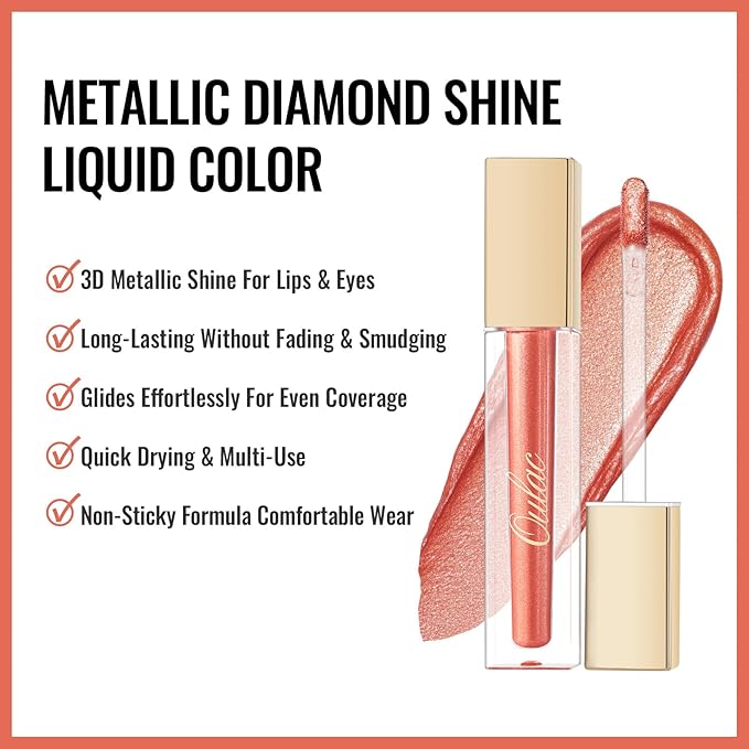 Oulac Orange Metallic Lipstick for Women, Lips & Eyeshadow 2 IN 1, Long Lasting Waterproof Lip Gloss, High Impact Lip Color, Oil-Based Formula, Vegan, MD03