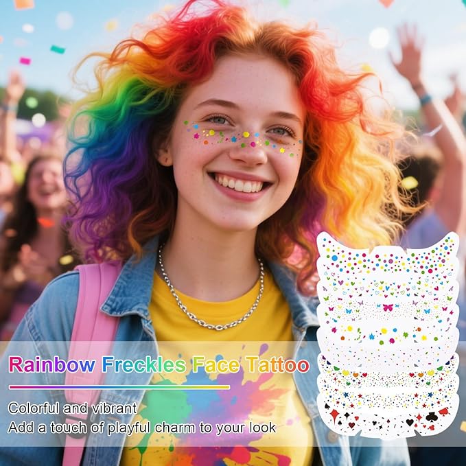 8Pcs Face Makeup Patches, Glitter Freckles Face Tattoo for Teenagers & Young Women, Sparkle Freckles Makeup Patches, Waterproof Face Glitter Freckles for Christmas (8PcsE Rainbow)