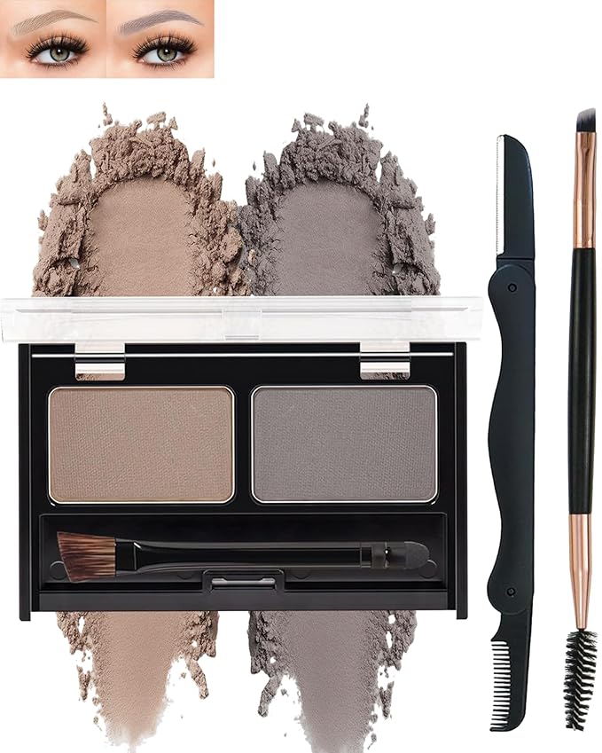 Eyebrow Powder Makeup Kit for Women,2 Color Eye Brow Powder Waterproof Tinted Palette Long-Lasting,Light Brown Taupe Brow Fill&Sculpt Natural Eyebrow Contour for Sparse Brow with Brow Brush &Razor-01
