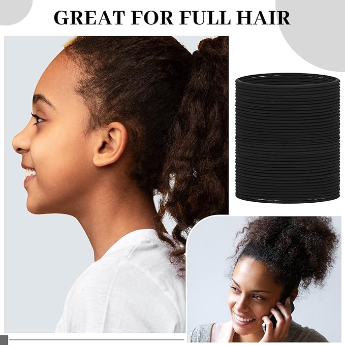 Dingion 80 Count Extra Long Hair Tie for Thick and Curly Hair Elastic Ponytail Holders for Women No Metal Bands Accessories(Black)