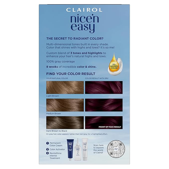 Clairol Nice'n Easy Permanent Hair Dye, 3RV Darkest Burgundy Violet Hair Color, Pack of 1