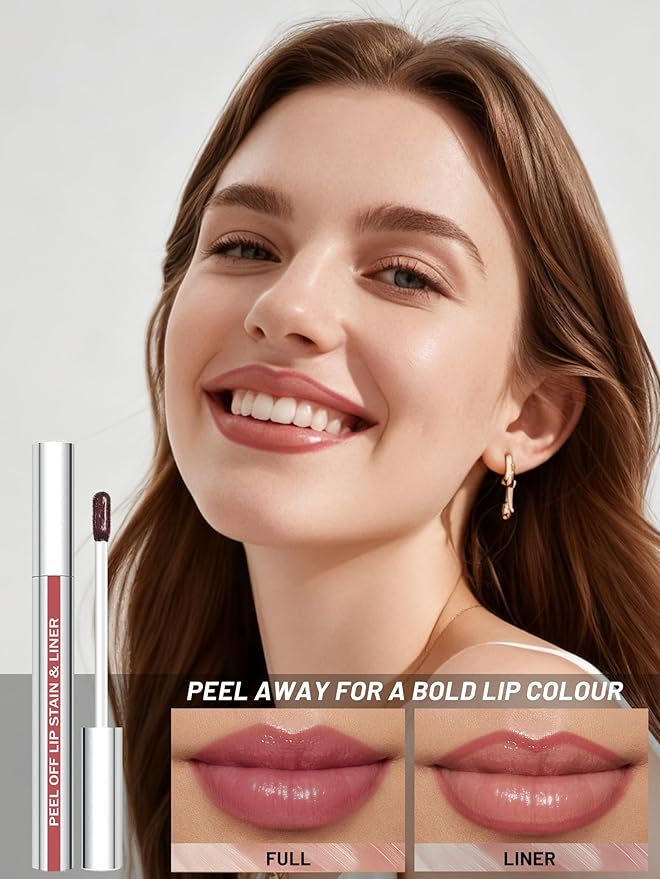 Lip Stain Peel Off Lip Liner Stain with Tweezer, Long Lasting Matte Lip Tint Tattoo, Highly Pigmented Color Lip Makeup, Waterproof Lipstick, Transfer-proof Lipstain for Women, Warm Rose