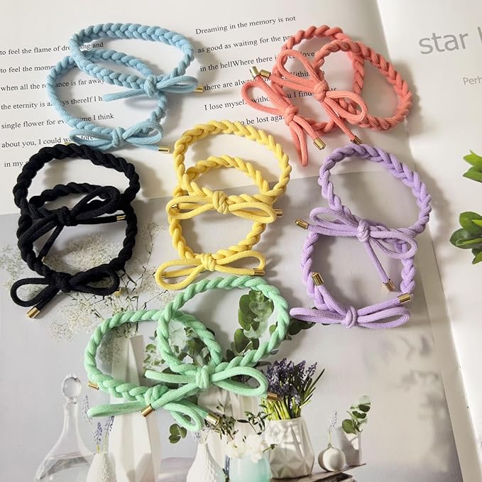 12 PCS Colorful Braided Hair Ties Bow Tie Hair Bracelets for Women Girls Elastic Hair Ties No Damage Ponytail Holders(6 Colors)