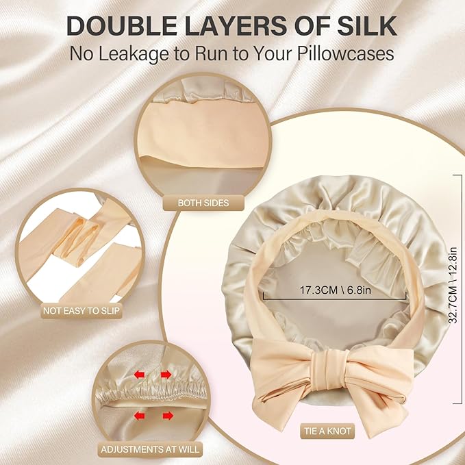 Silk Bonnet for Women 100% Mulberry Silk Sleep Cap 22 Momme Double Layer Hair Wrap for Curly Short Long Hair