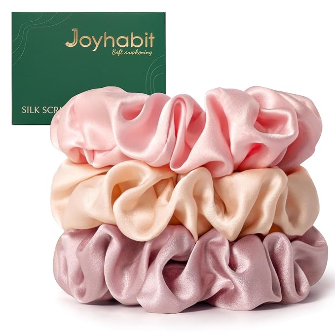 Joyhabit Silk Scrunchies for Women and Girls, Pink, 3 Pieces, 4CM Hair-Friendly Cute & Durable Hair Ties for Women, Great for Bedtime and Everyday Style