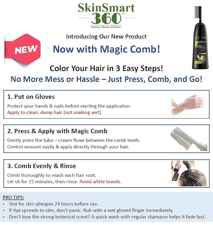 SkinSmart 360® No-Stain Hair Dye Shampoo – Full Gray Coverage for Men & Women, 3-in-1 Color + Cleanse + Condition, Natural Ingredients, Easy No-Mix Formula, 200 mL (Dark Brown + Magic Comb)