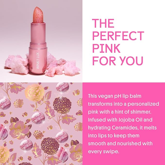 Winky Lux Pink Opal Glimmer Balm – Nourishing pH Lip Balm with Color Changing Pink Tint with Shimmer, Hydrating Ceramides Soften Lips, Raspberry Vanilla Scent