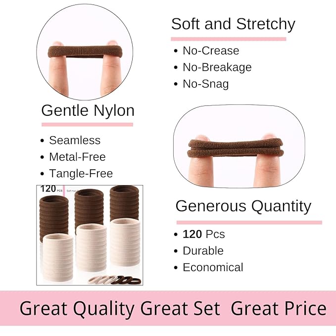LuSeren 120 Pcs No Damage Thick Hair Ties, Large Soft Seamless Nylon Hair Elastics for Women, Ponytail Holders - Blonde & Brown