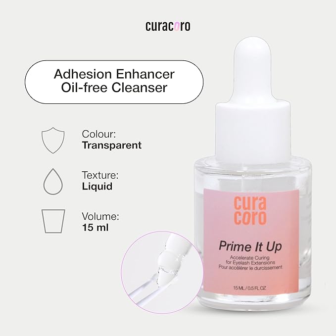 Curacoro Eyelash Extension Primer 15 ML - Increase Adhesive Bonding Power | Easily Removes Proteins and Oils/Oil Free/Longer Extension Retention (Prime It Up)