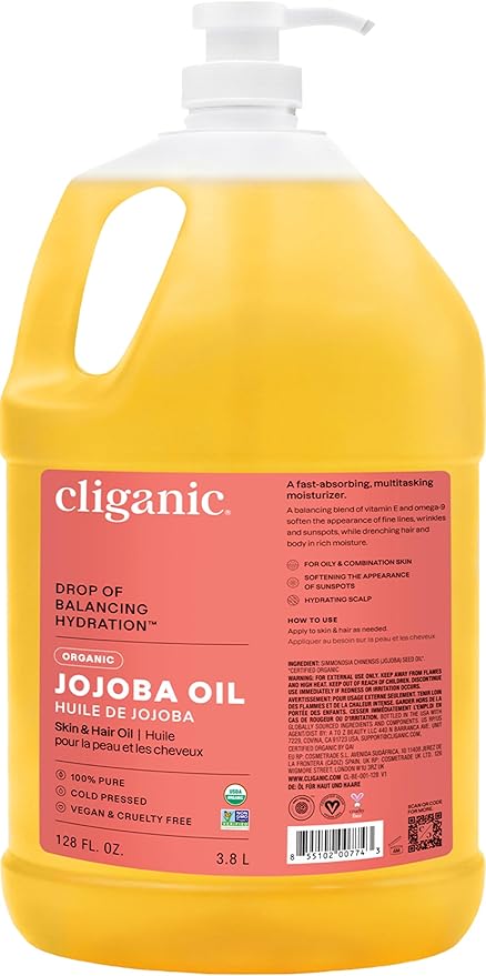 Cliganic Organic Jojoba Oil 128oz with Pump (Gallon Size), Bulk, 100% Pure - Non-GMO