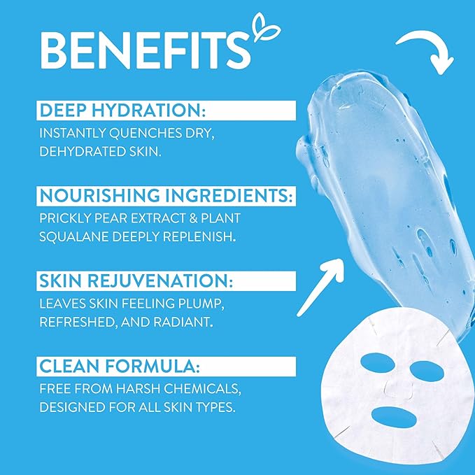 By Nature 2% Hyaluronic Acid Sheet Face Mask for Dry, Dehydrated & Sensitive Skin – Hydration Boost with Prickly Pear & Squalane – Made in New Zealand – Pack of 12