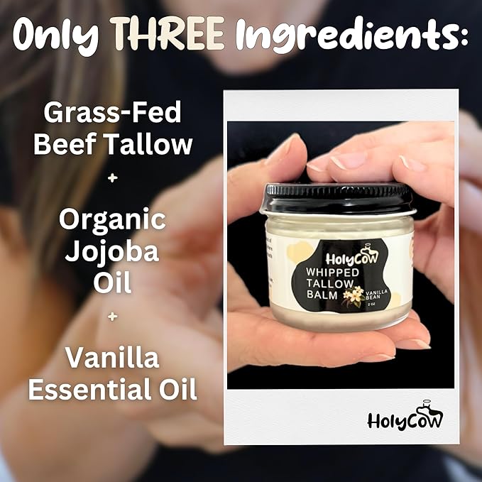 HolyCow Beef Tallow For Skin - Whipped Tallow Balm with Organic Jojoba Oil, Grass Fed Beef Tallow Face Moisturizer for Eczema, Baby, Lip Balm - Lotion For Extremely Dry Skin (Vanilla Bean)