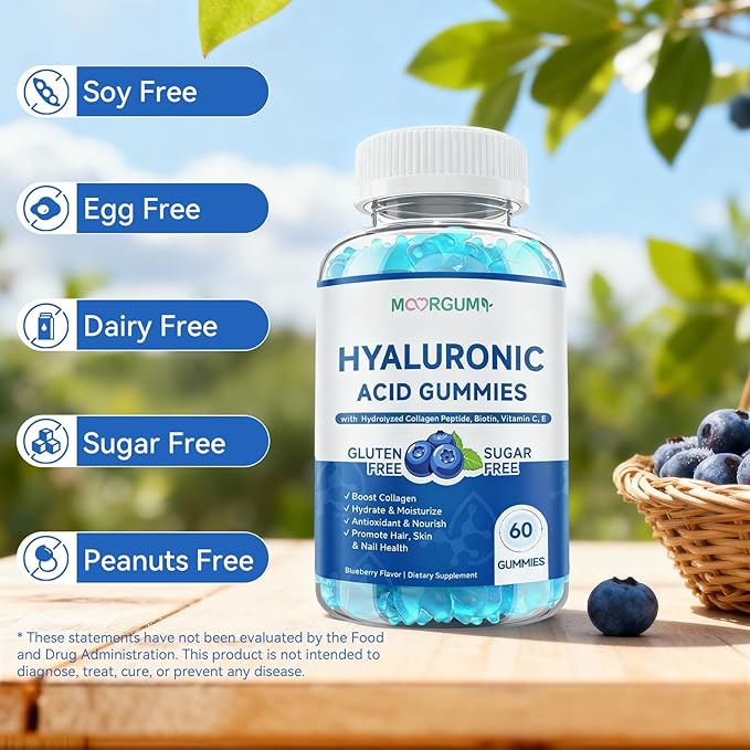 1000mg Hyaluronic Acid & Collagen Peptide Supplements with Biotin, Vitamins C & E - Hair Skin Nails Joints Health Support for Men & Women, Hair Growth, Blueberry Flavor, Gluten-Free 120 Gummies