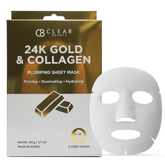 Clear Beauty 24K Gold & Collagen Face Mask – Firming & Moisturizing Sheet Masks For Radiant Glow & Smooth Texture – Dermatologist Tested, Anti-Aging, Korean Skin Care – Vegan Clean Beauty – 5 Count