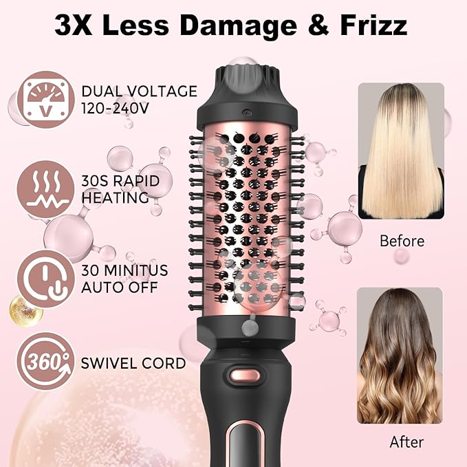 Thermal Brush Set 3-in-1 Curling Iron Brush Set, Dual Voltage 110-220V Thermal Hair Brush with 11 Temp Settings, 3 Interchangeable Travel Curling Irons (1.25“, 1.5”, & 1.75" Barrels) (Pink)