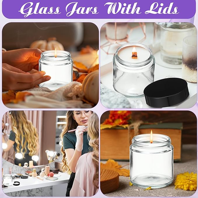 24 Pcs 4 oz Glass Jars with Lids, Clear Candle Jars with Black Lids Round Empty Candles Container Tins Candle Making Storing Lotions Spice Powder Liquid Sample Makeup (Clear)