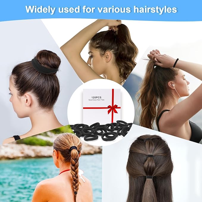 120PCS Black Hair Ties for Women, Seamless Soft Hair Bands Ponytail Holder, Elastics Hair Tie for Thick Thin Hair, No Damage Hairties Hair Accessories
