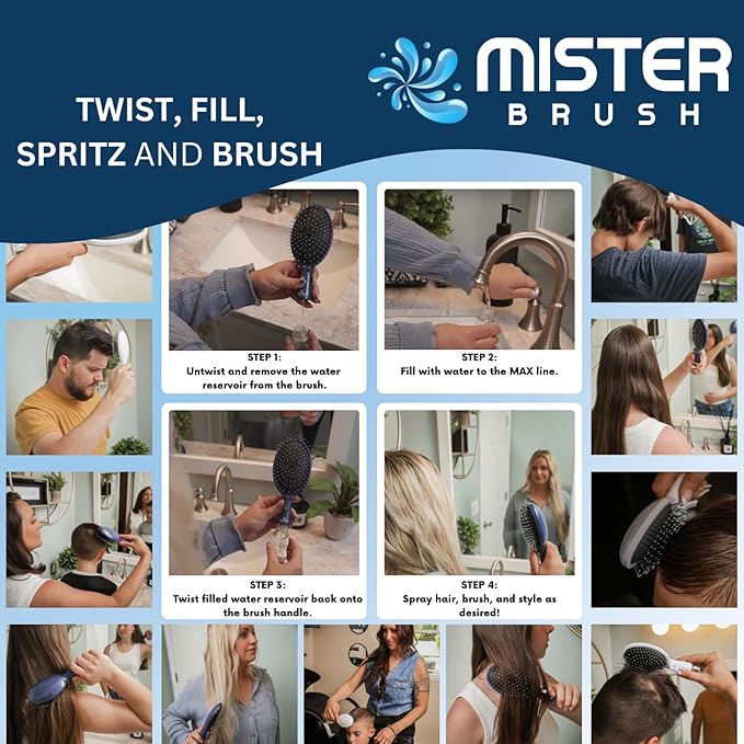 2-in-1 Hairbrush Mister – Innovative Hair Mist & Brushing Tool for Wet & Dry Hair Styling – No-Tangle Bristles, Convenient Water Reservoir, Easy-to-Use (Pink)